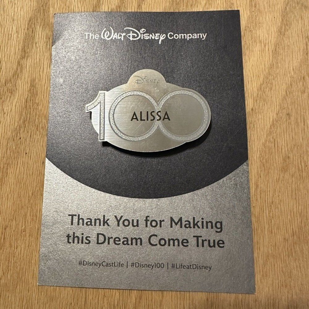 Walt Disney Parks 100 year name tag iD Pin Cast Exclusive Alissa
